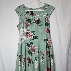 Floral Fit & Flare Dress Womens Large Sage Green Sweetheart Rockabilly Tea